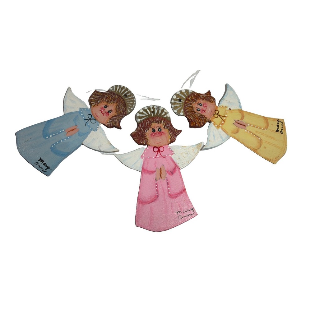 Vintage Mary Ann Signed Hand Painted Wood Angel Christmas Ornaments Set of 3